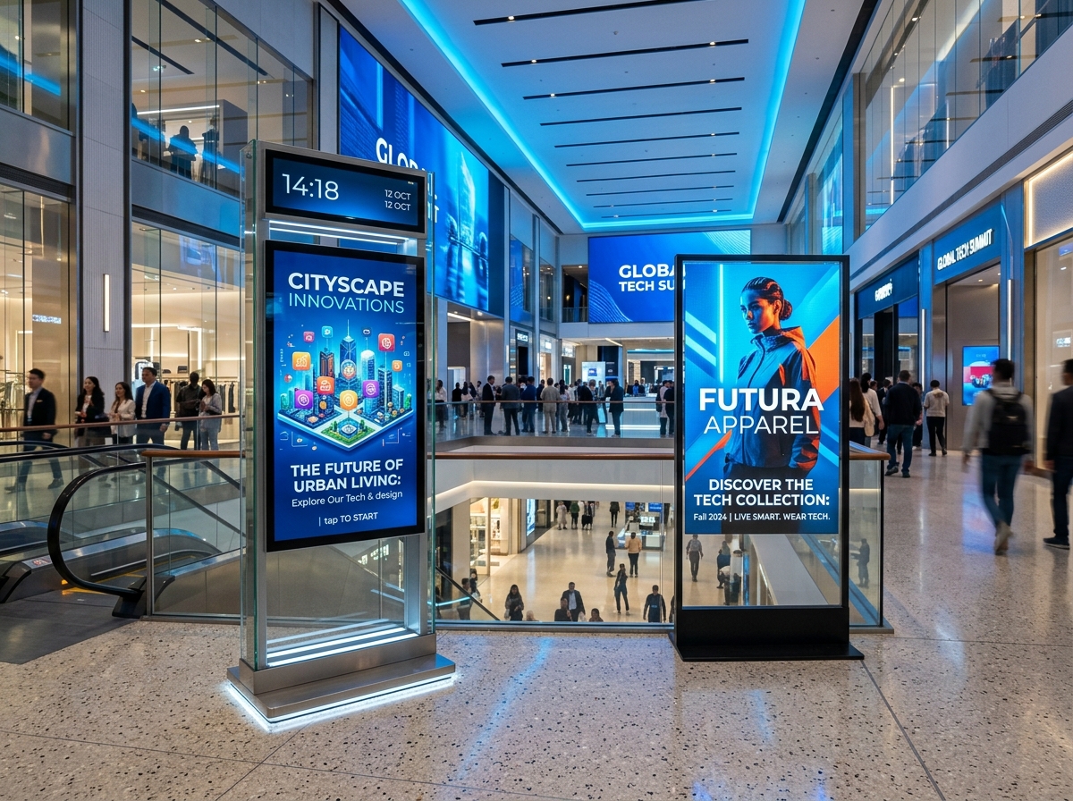 Totemy LCD i ekrany LED Poster w nowoczesnym centrum