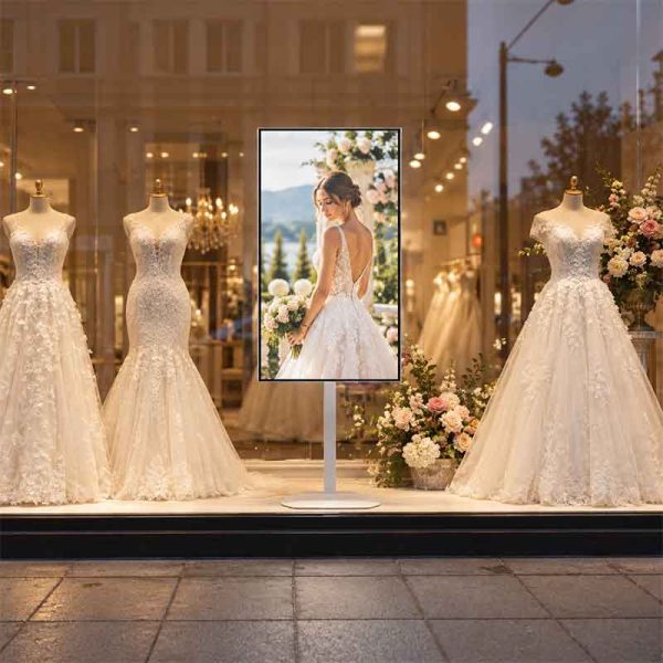 Stand z monitorem reklamowym w eleganckiej witrynie salonu